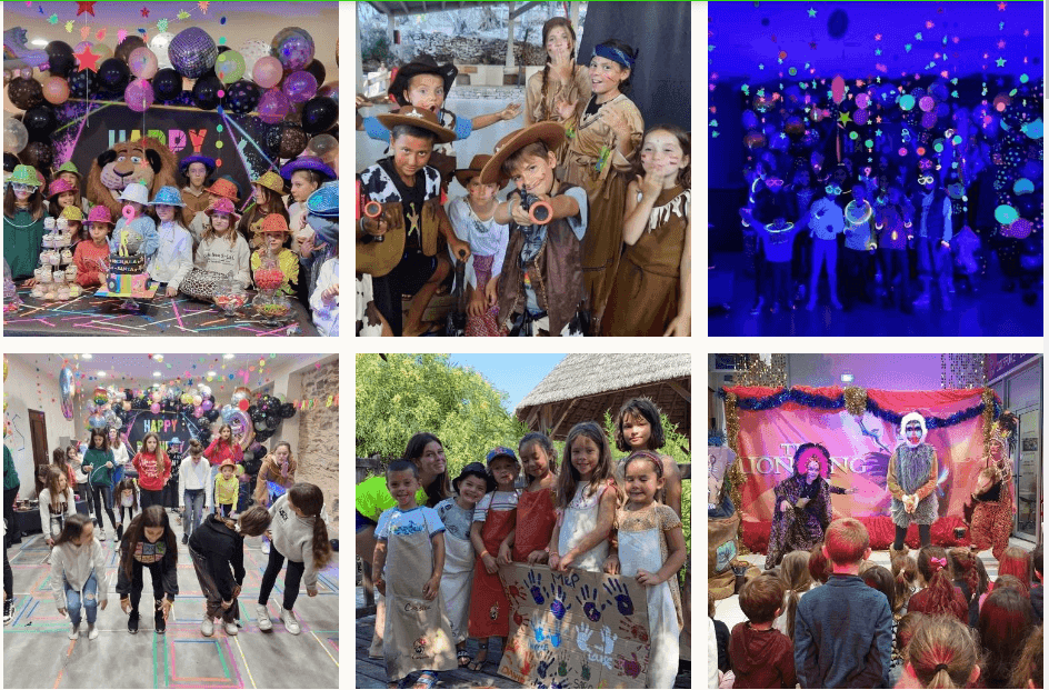 Collage of children's parties with various themes and activities including costumes, dance, and crafts.