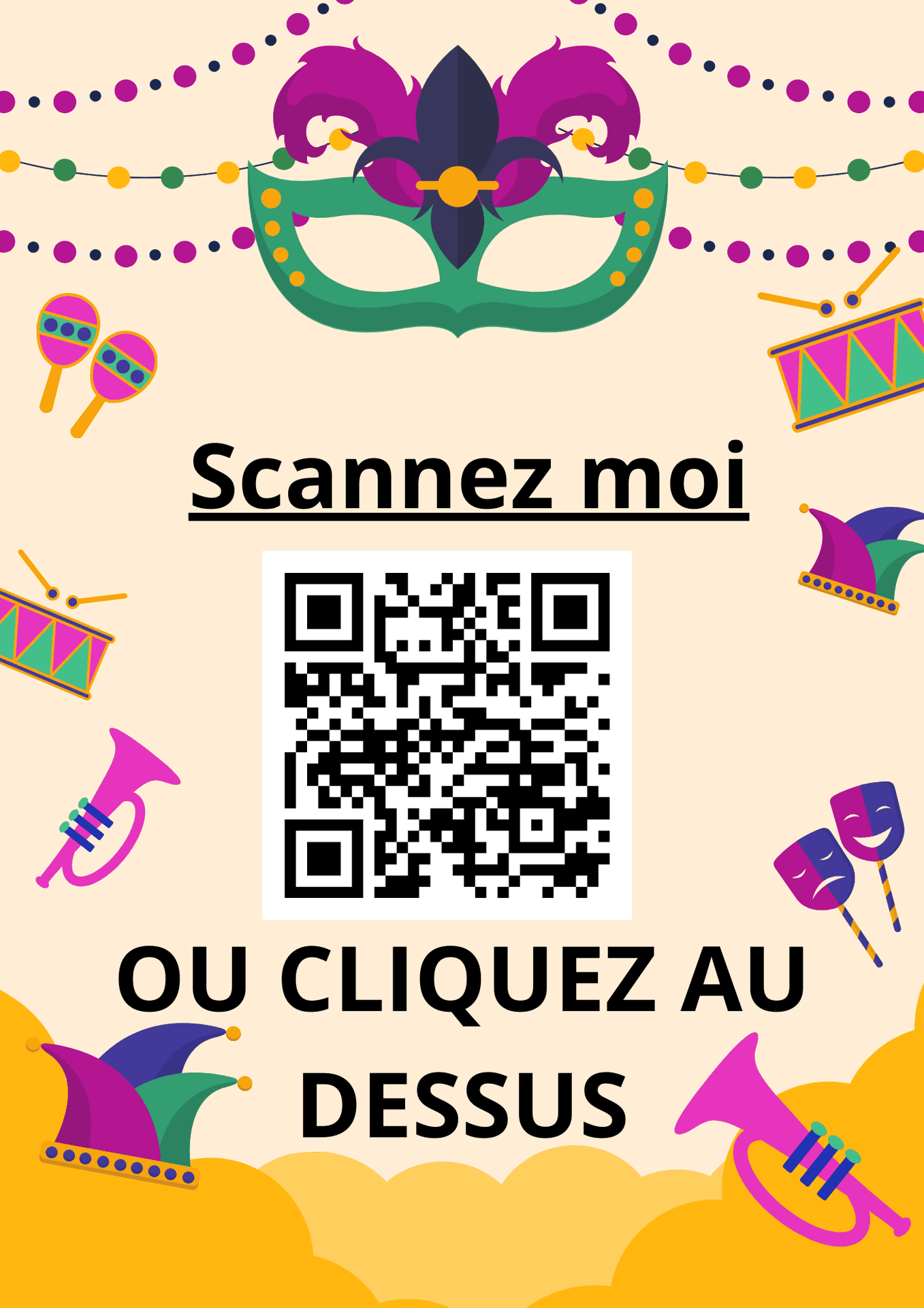 Mardi Gras themed QR code poster with mask, beads, and musical instruments.