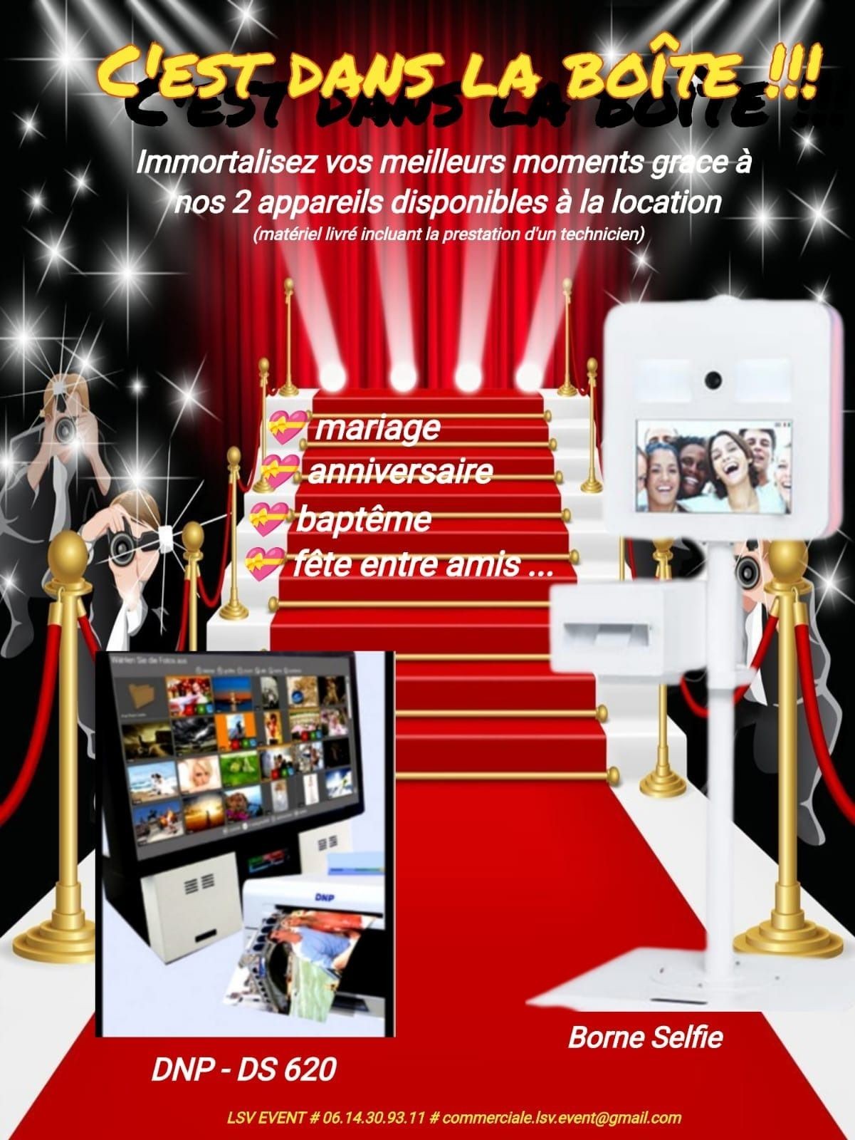 Promotional poster for photo booth rental featuring a selfie station and a touchscreen.