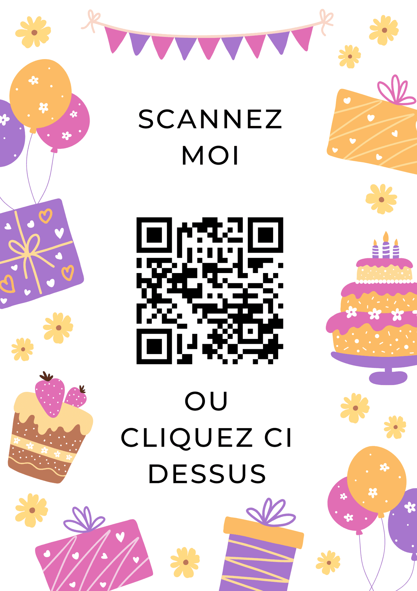 Festive birthday card with QR code, balloons, gifts, and cake illustrations.