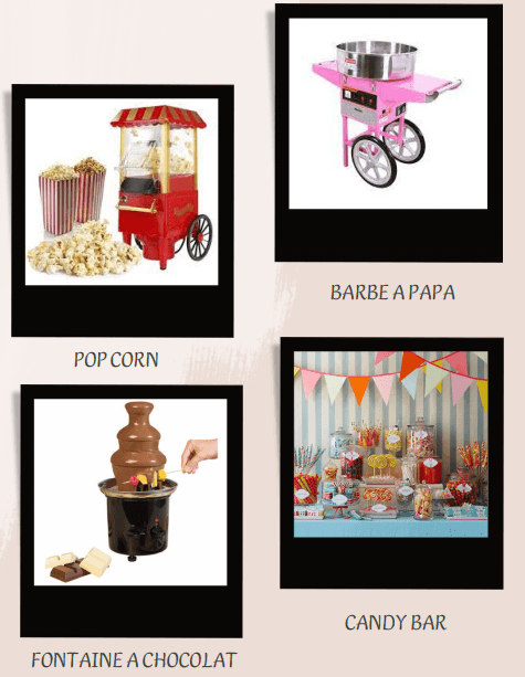 Images of a popcorn machine, cotton candy machine, chocolate fountain, and a candy bar display.