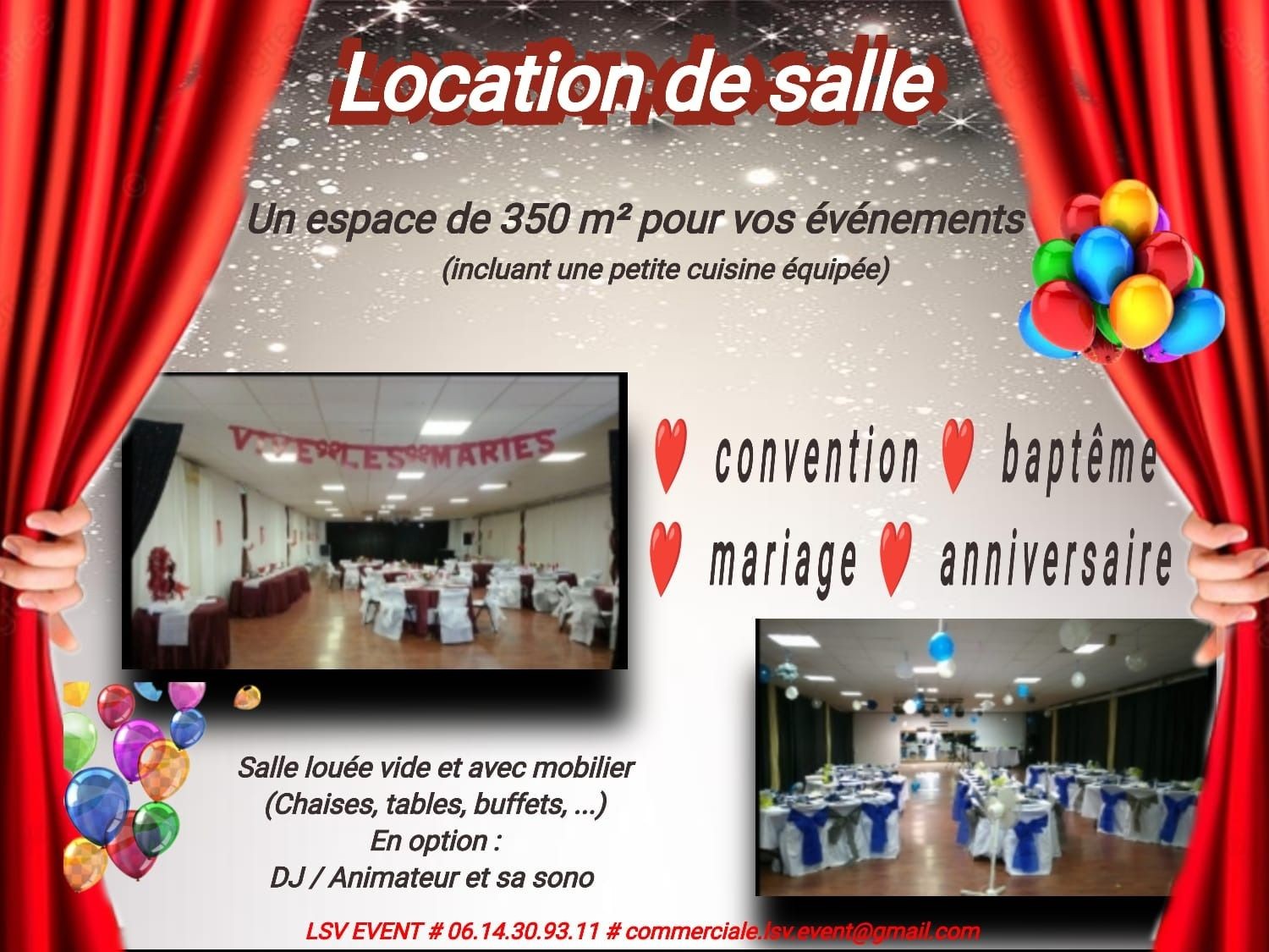 Event venue rental advertisement with decorated tables for various occasions.