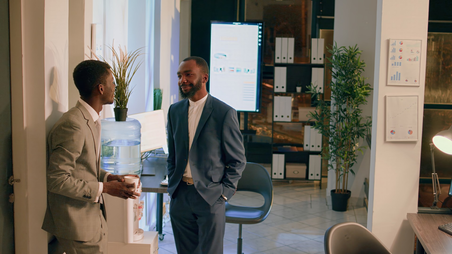 Coworkers having pleasant discussion